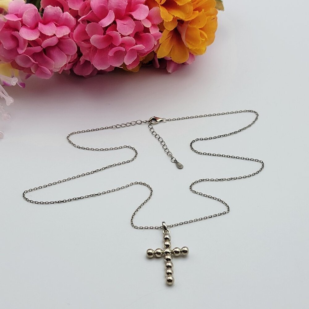 Vintage 925 Sterling Silver Ball Bead Cross Necklace 22 Inch Adjustable